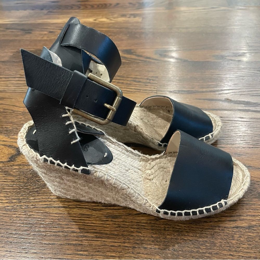 SOLUDOS Black Leather Espadrille Wedge Sandals